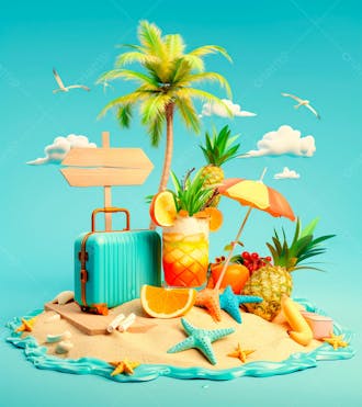 3d de férias na praia com placa de madeira, palmeiras