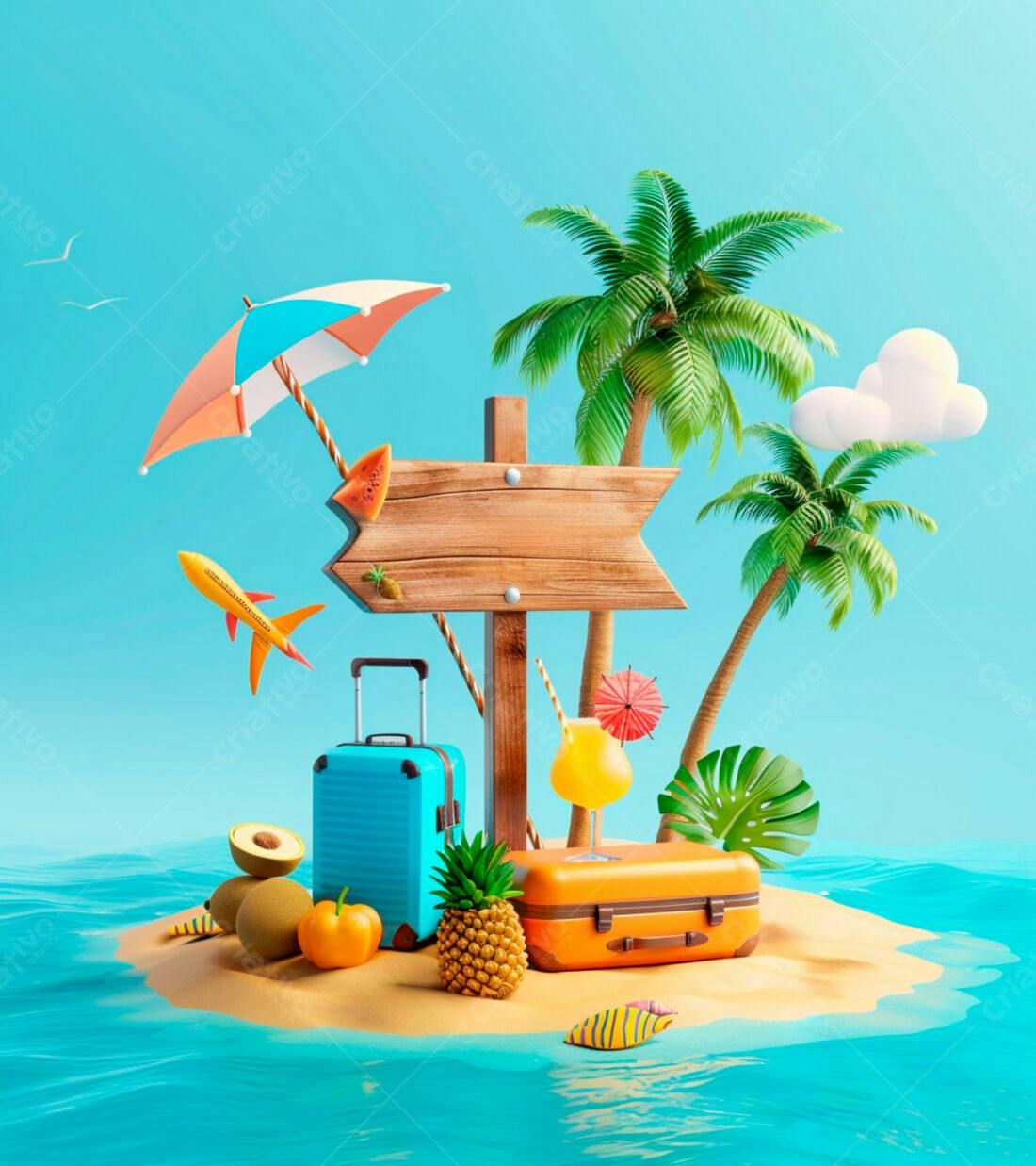 Ilha tropical com malas e placa de madeira