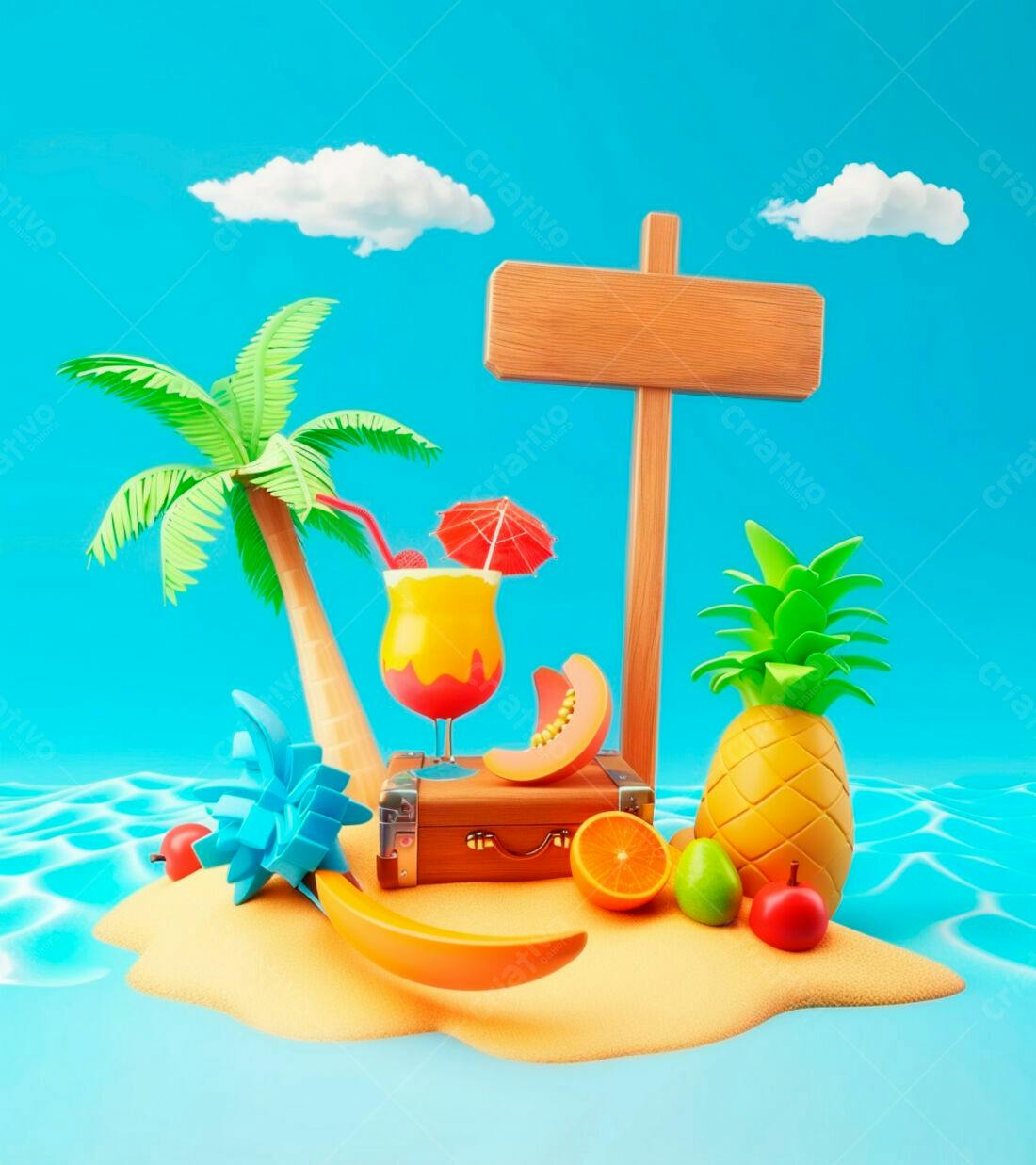 Ilha tropical com coquetel e frutas