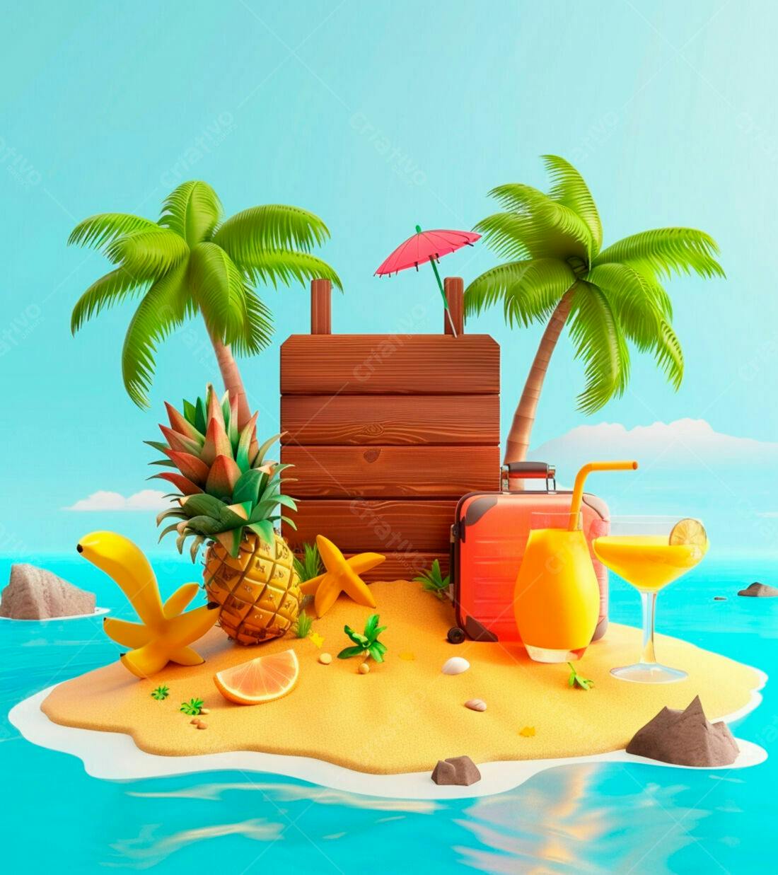 Ilha tropical com coqueiros e frutas