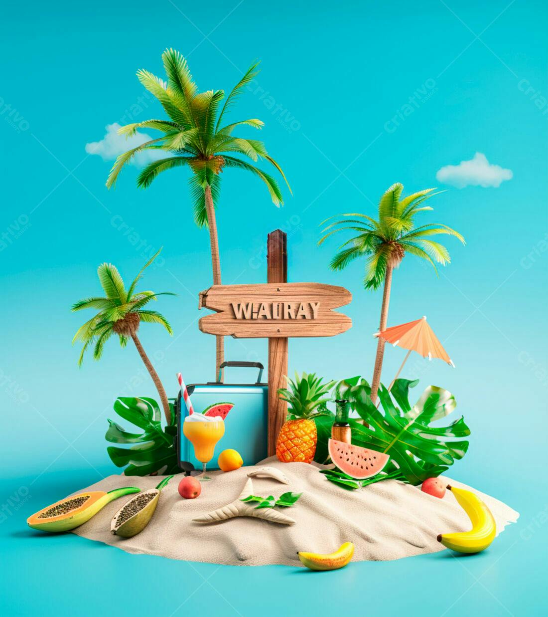 Ilha tropical com coqueiros e mala de viagem