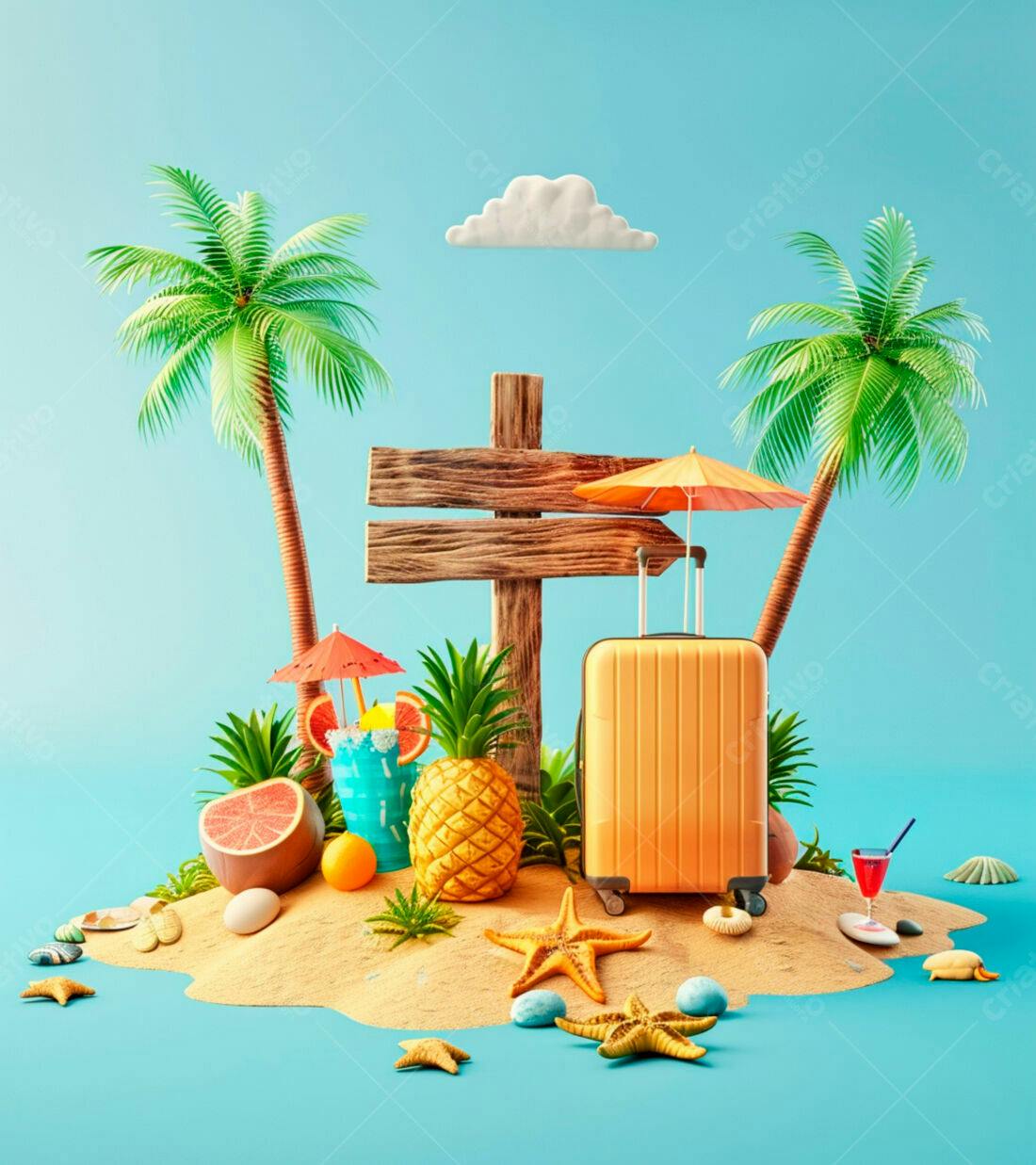 Mala de viagem em ilha tropical
