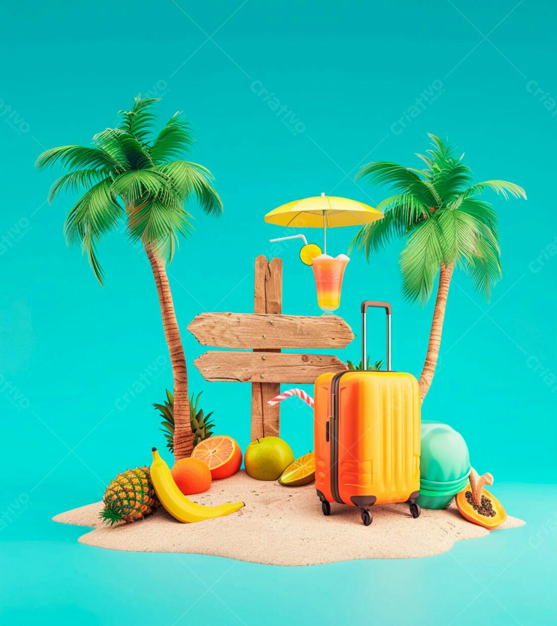 Mala de viagem em ilha tropical com frutas