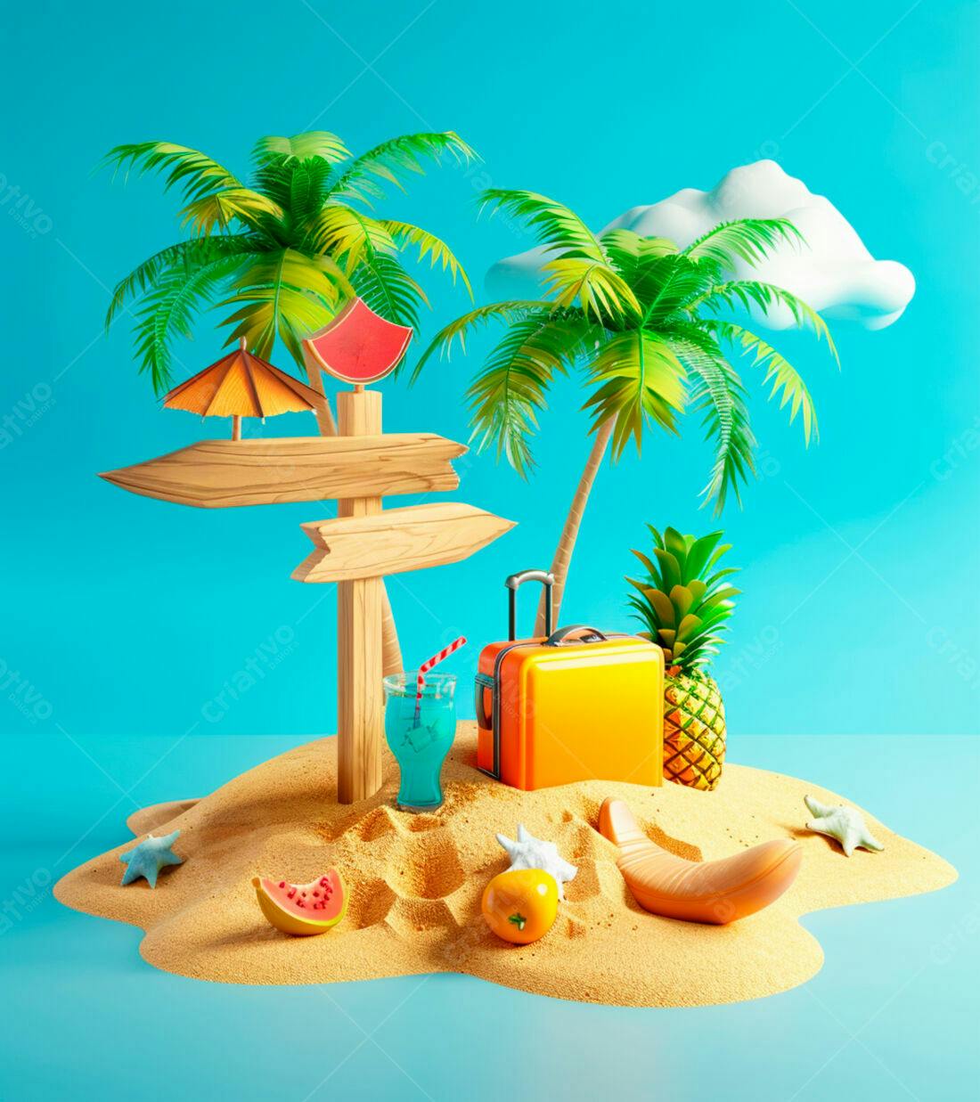 Ilha tropical com mala e coquetel