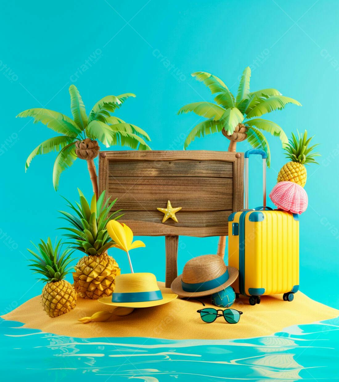Placa de madeira em ilha tropical com mala amarela