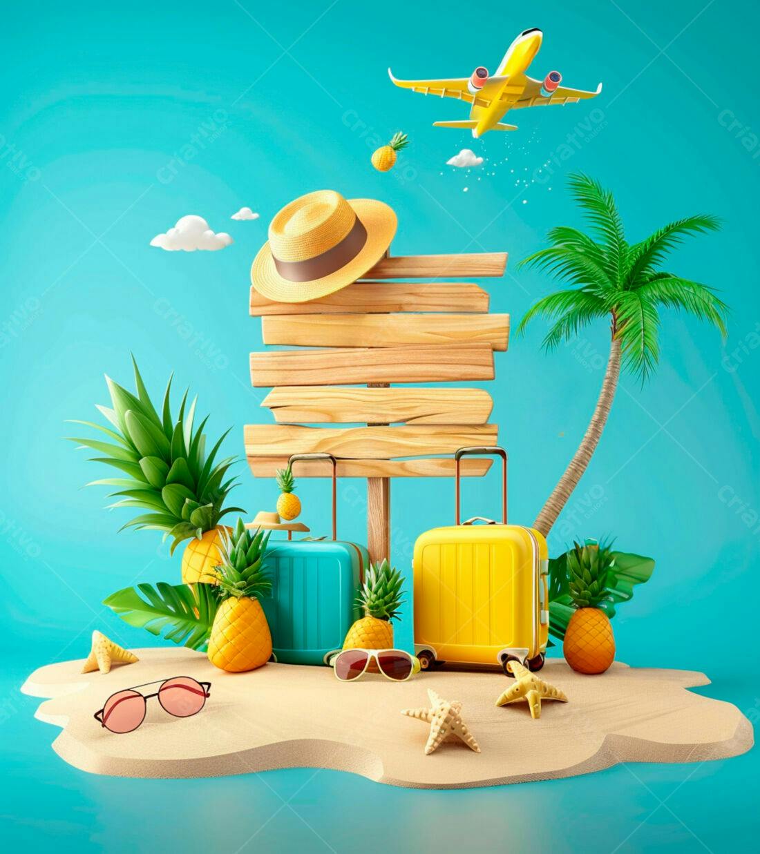 Malas de viagem na praia com abacaxis