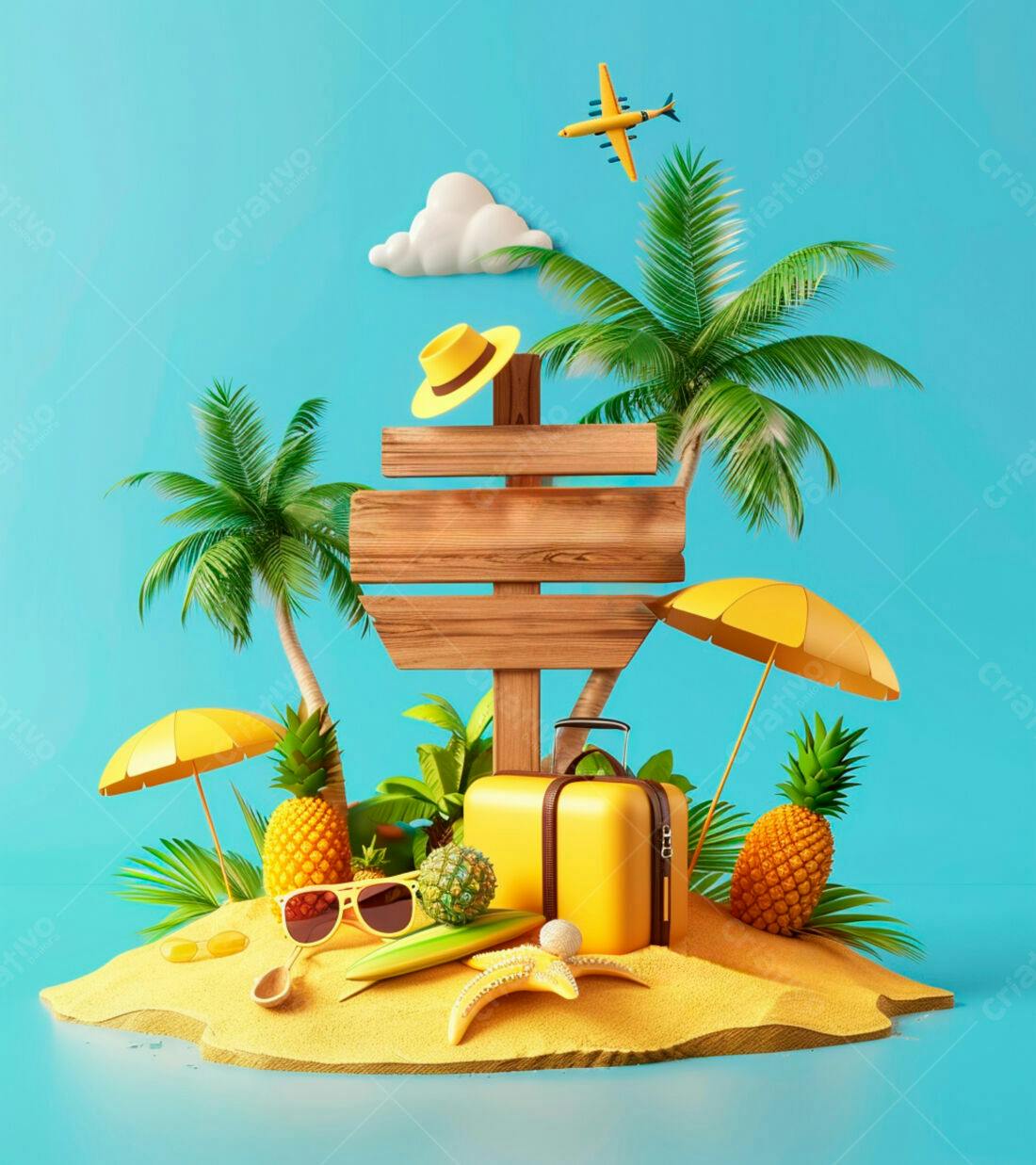 Placa de madeira em ilha tropical com mala amarela