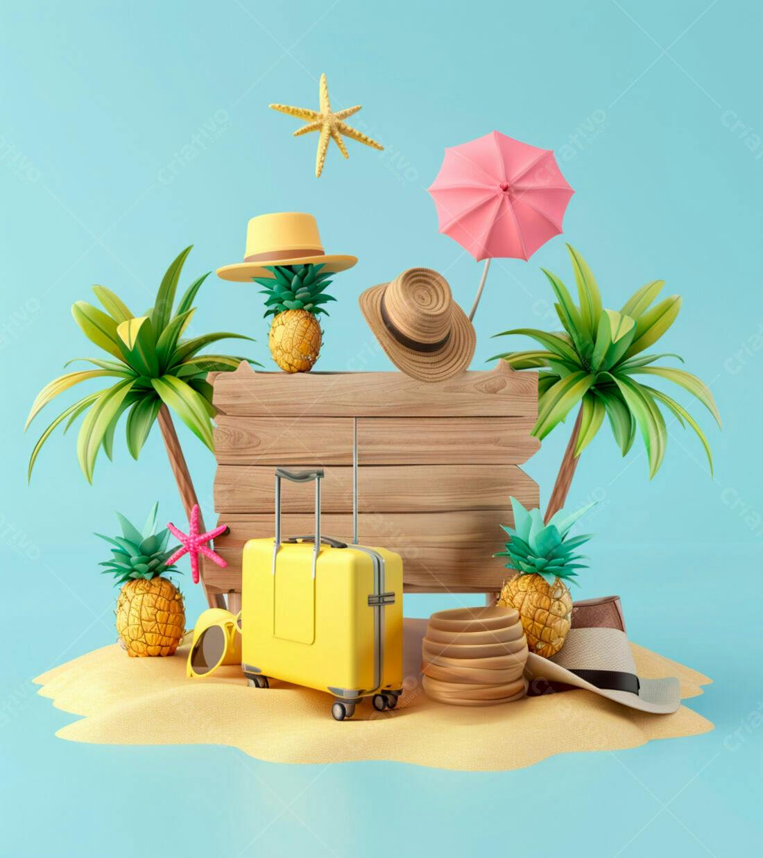 Mala amarela em ilha tropical com abacaxis e chapéu