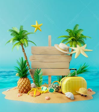 3d de férias na praia com placa de madeira, palmeiras