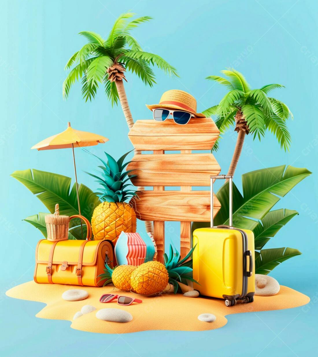 Viagem tropical praia mala amarela abacaxis