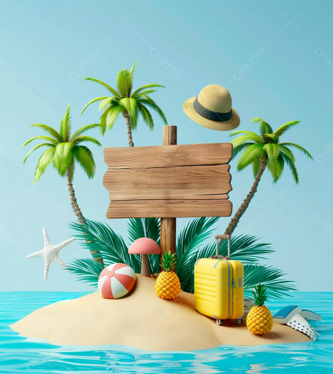 Placa de madeira em ilha tropical com mala amarela