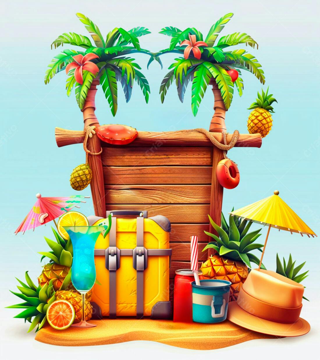 Viagem tropical praia verão mala amarela