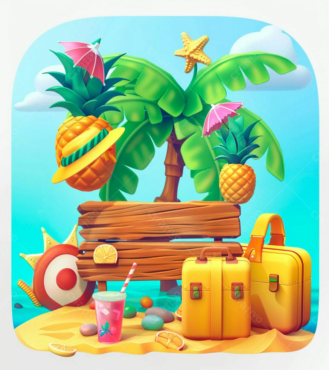 Ilha tropical com abacaxis e malas