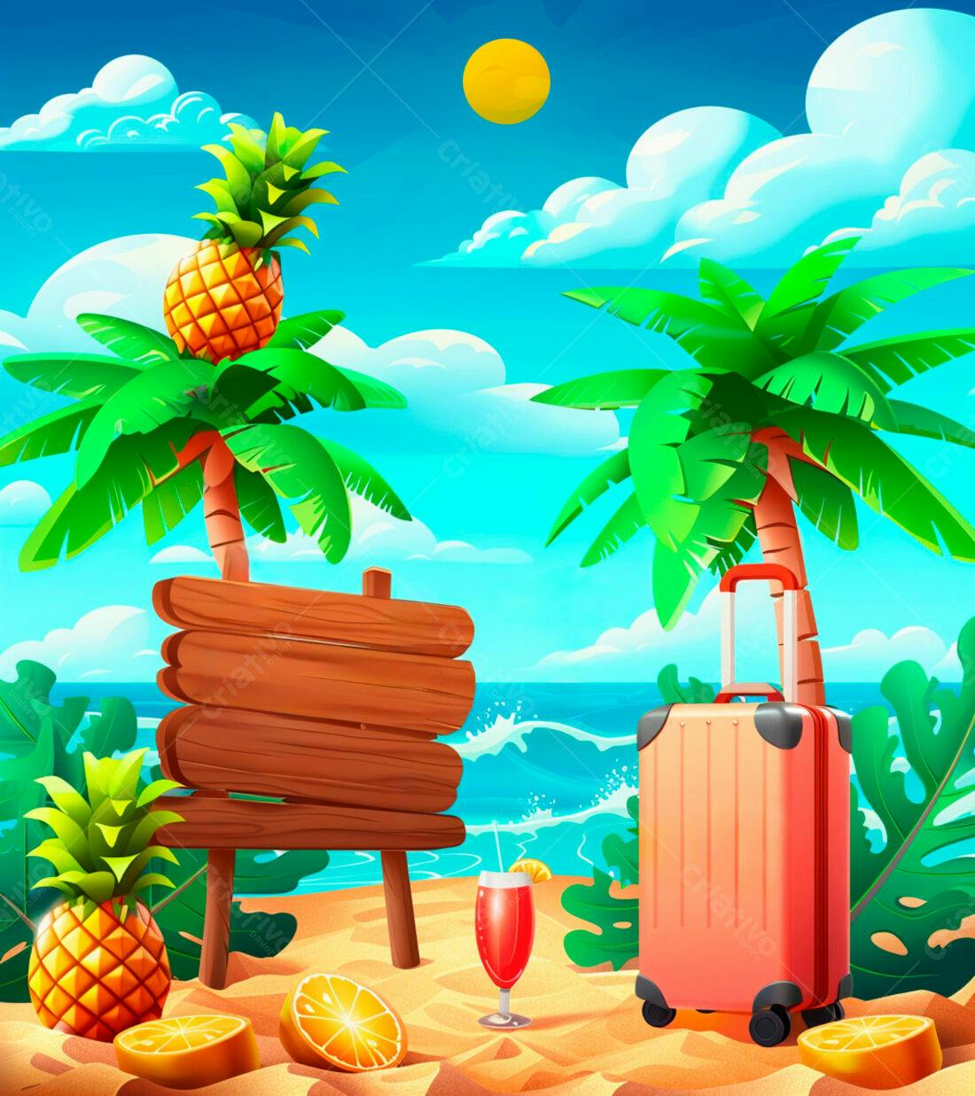 Praia tropical com mala e abacaxi