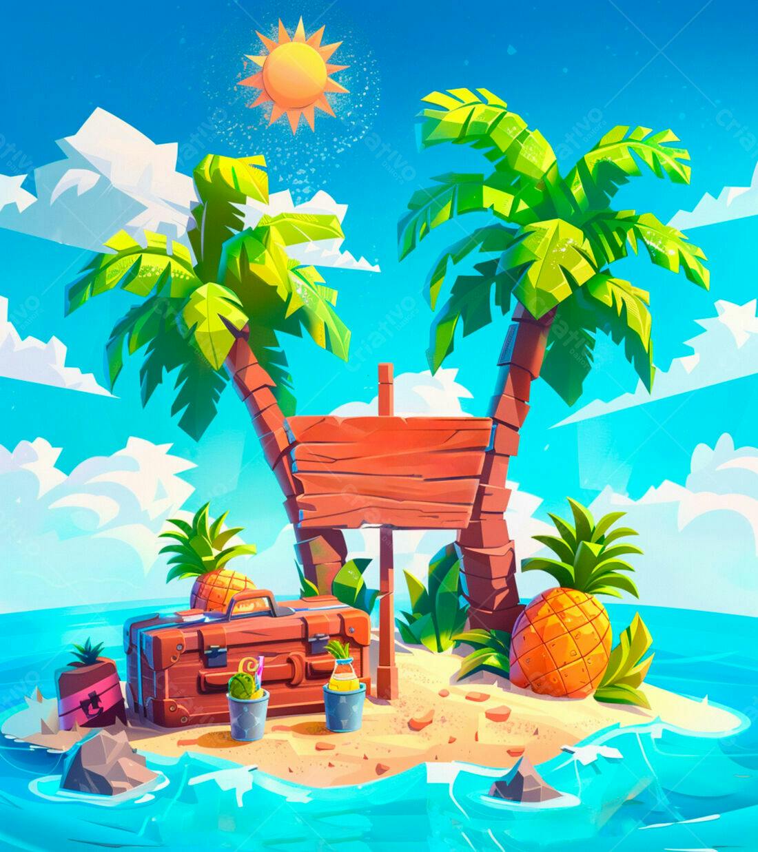Ilha tropical com baú e abacaxis