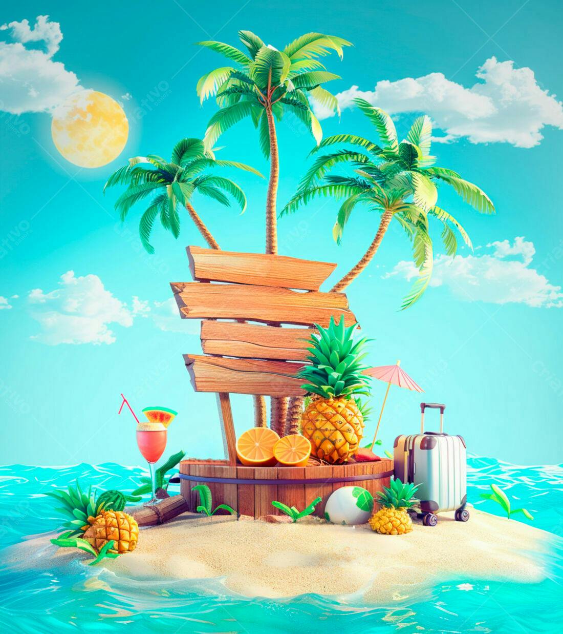 Ilha tropical com coqueiros e frutas