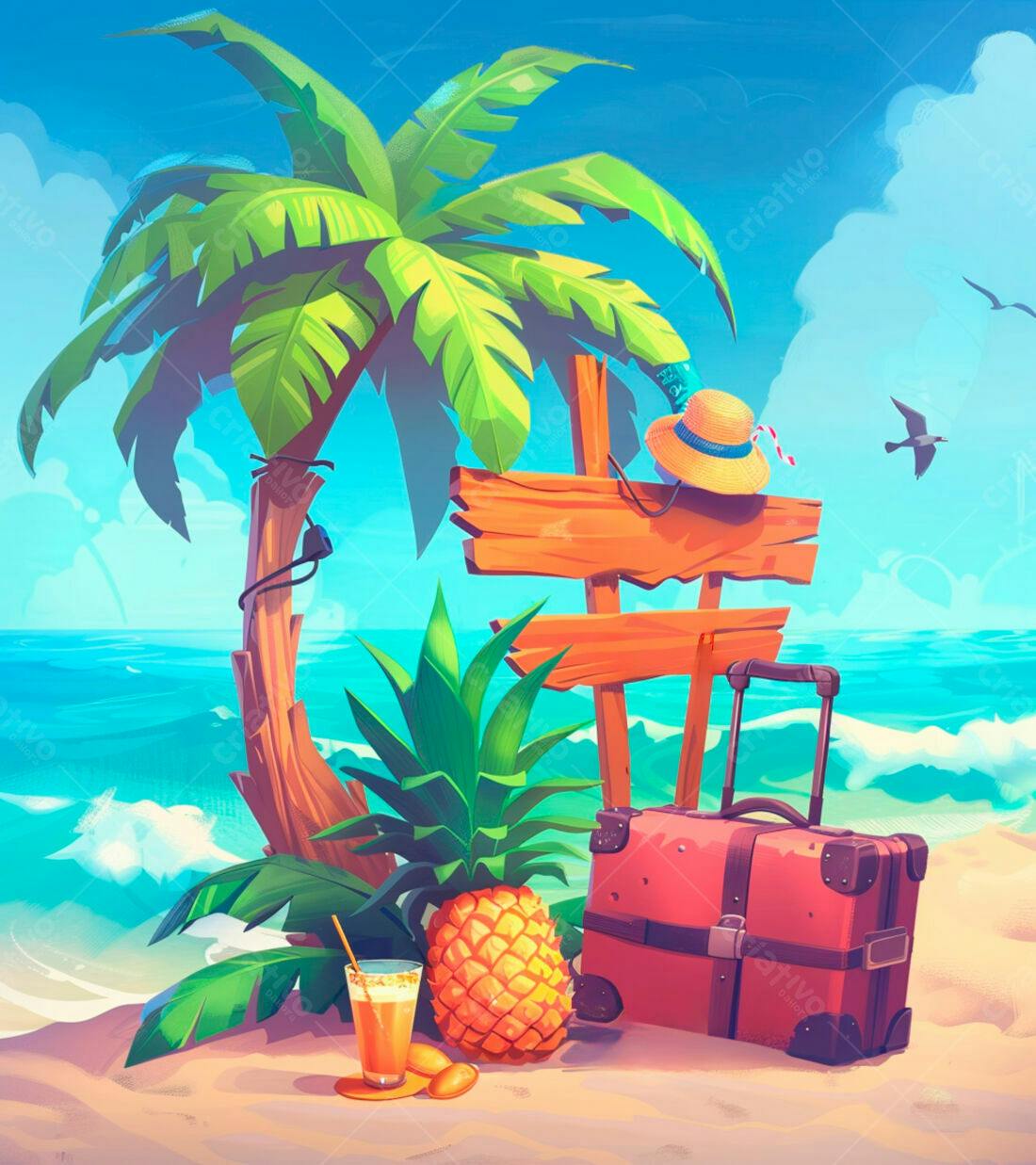 Praia tropical com mala e abacaxi