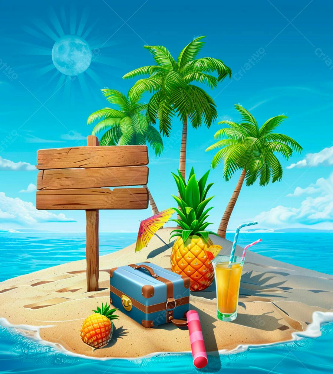 Ilha tropical com mala e abacaxis