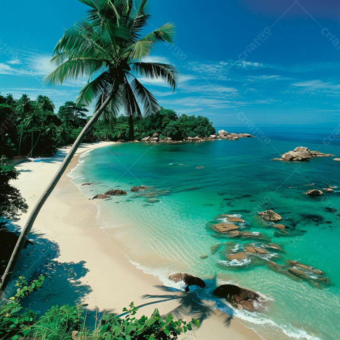 Praia tropical com coqueiro e água turquesa