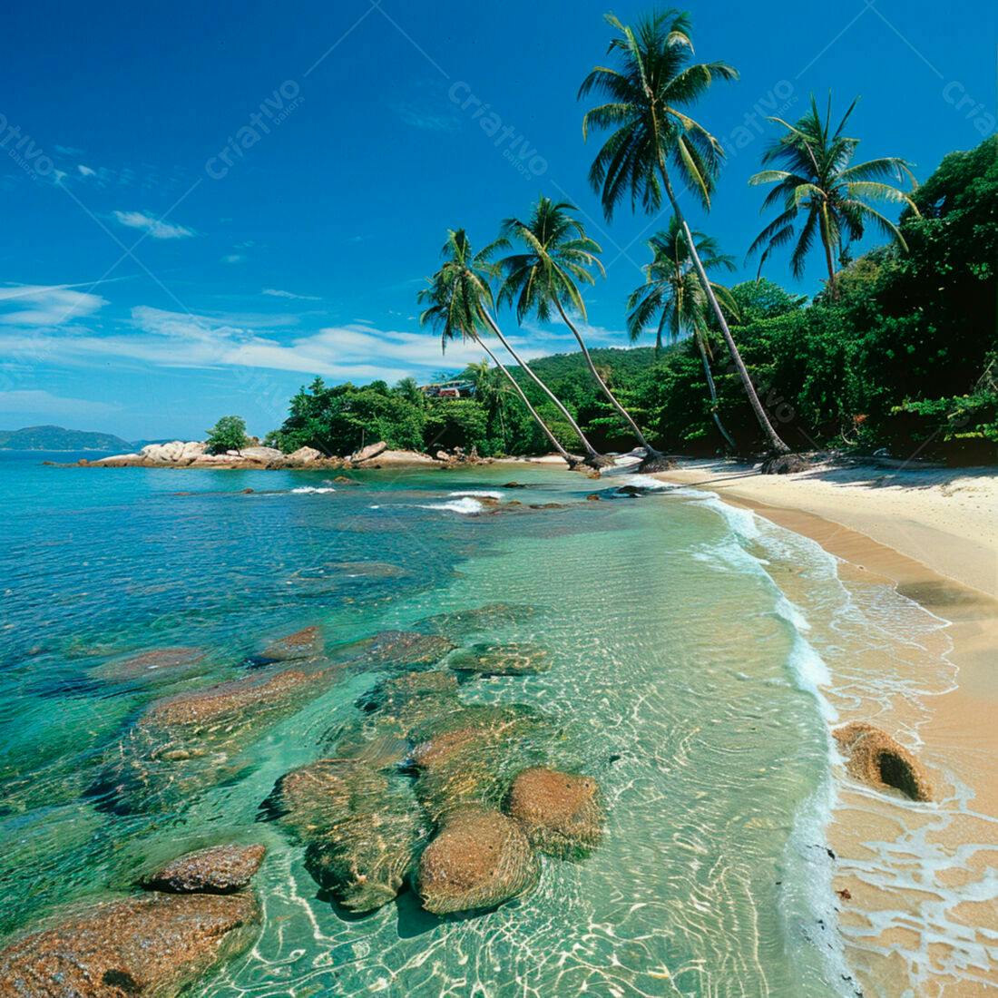 Praia tropical com coqueiros e águas cristalinas