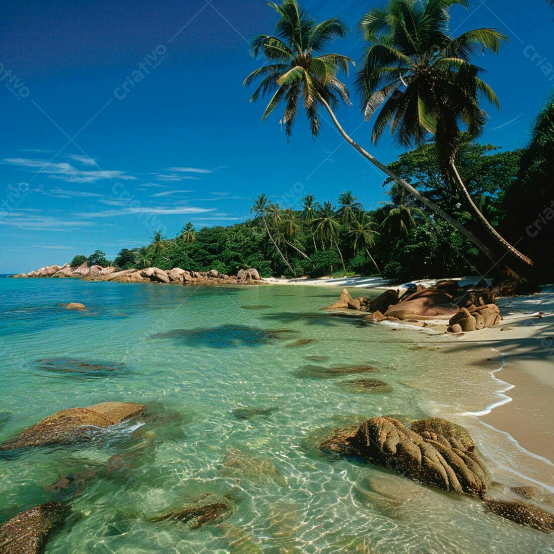 Praia tropical com coqueiros e água cristalina