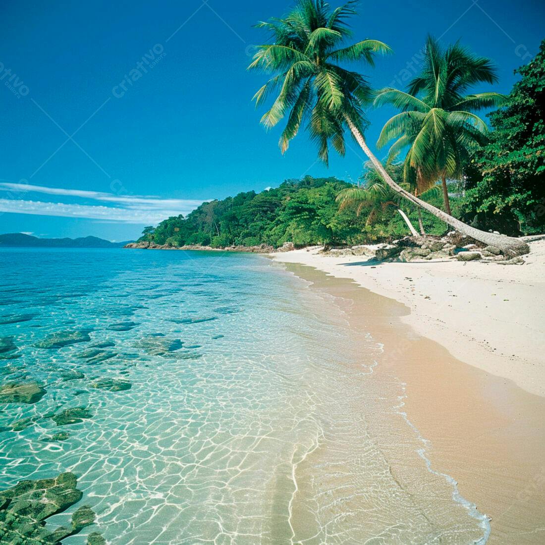Praia paradisíaca com coqueiros e mar azul turquesa