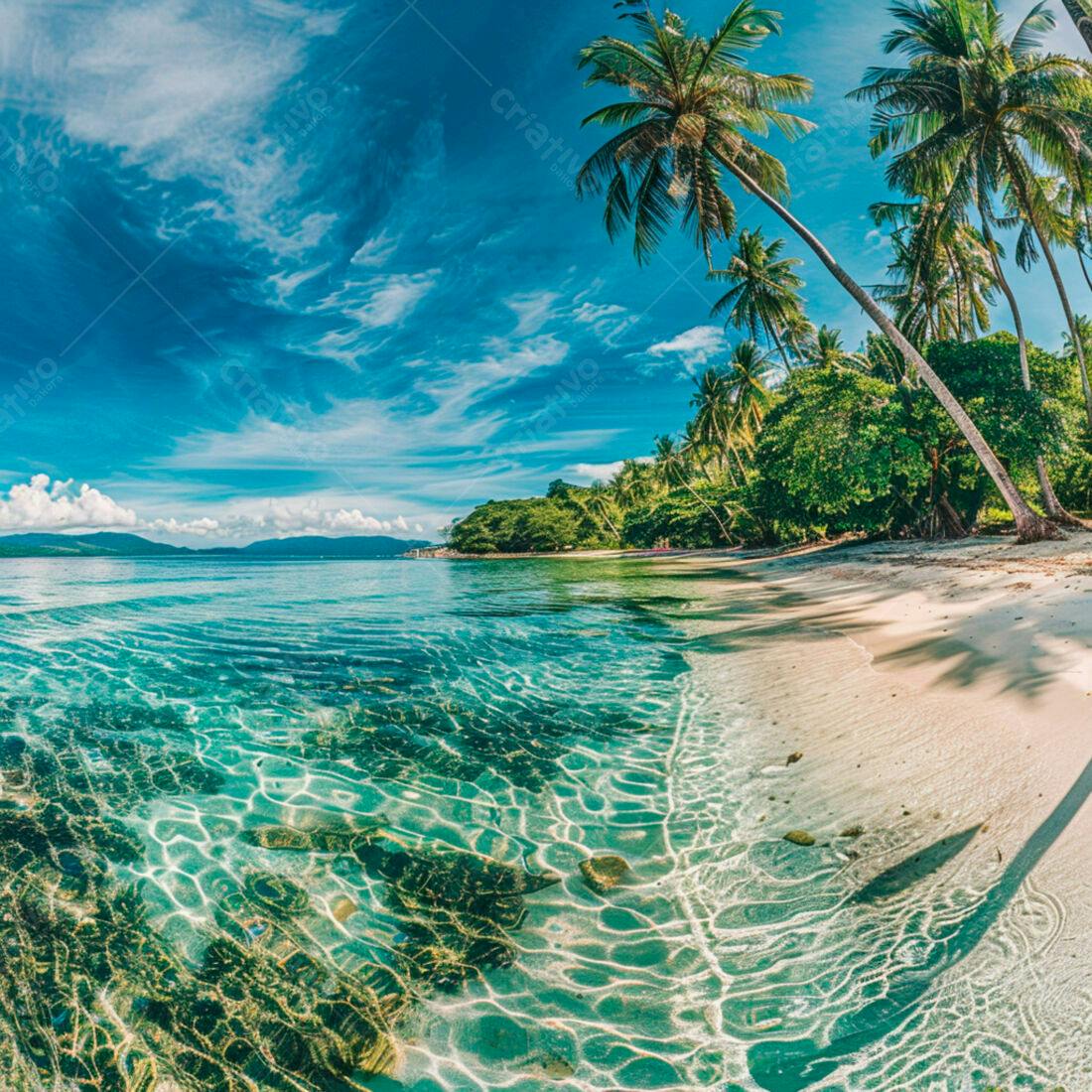 Praia tropical com coqueiros e água cristalina