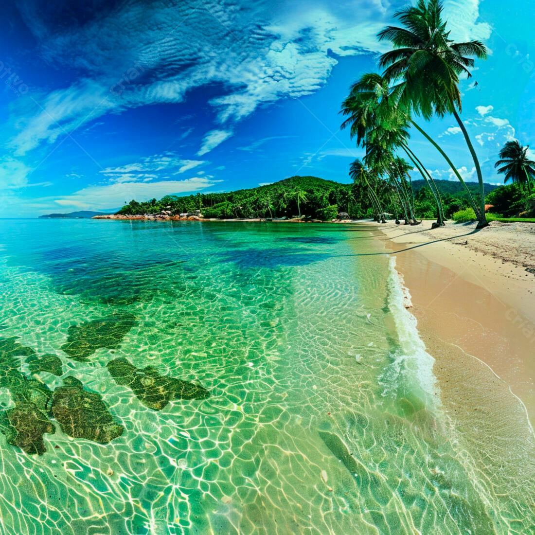 Praia paradisíaca com palmeiras e água cristalina
