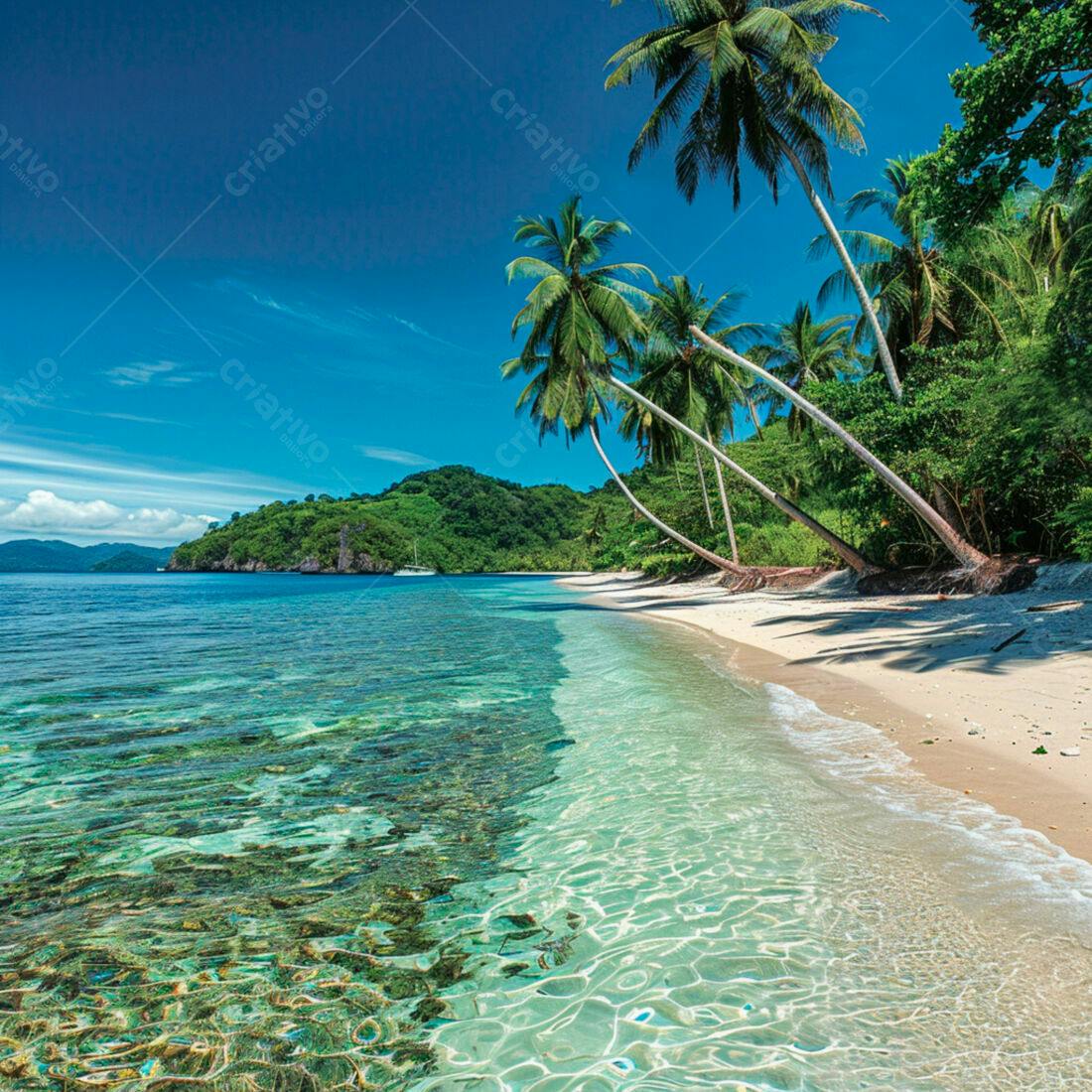 Praia paradisíaca com coqueiros e águas cristalinas