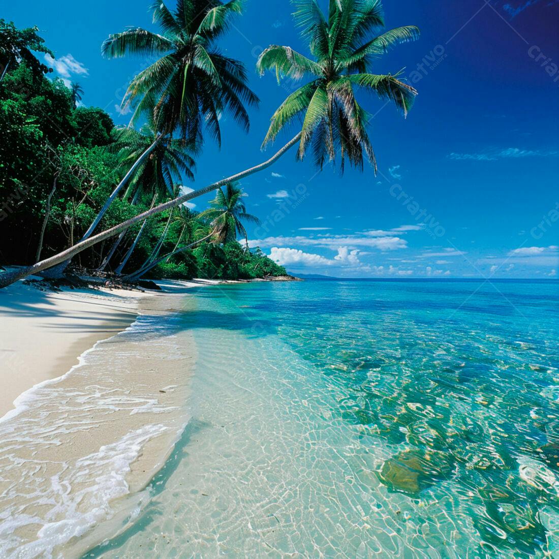 Praia paradisíaca com coqueiros e mar turquesa