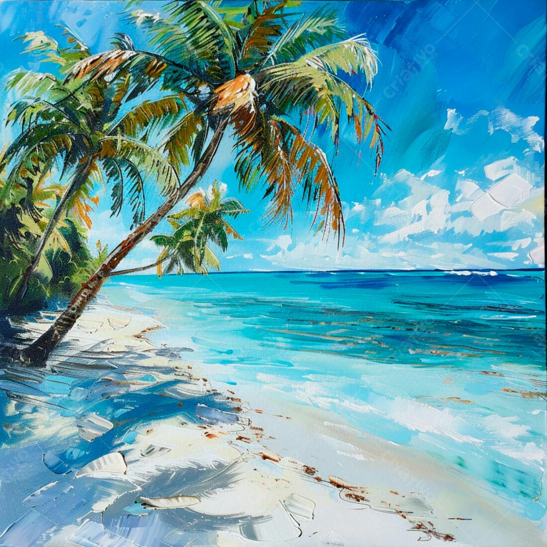 Praia tropical com coqueiros e mar azul turquesa