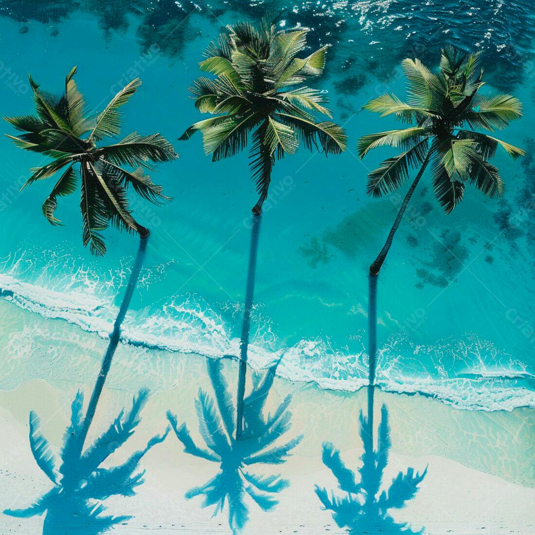 Três coqueiros na praia paradisíaca