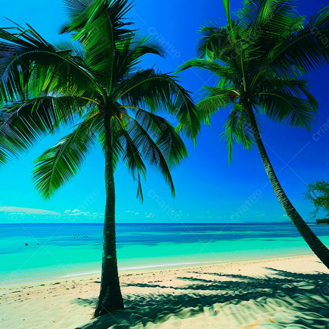 Praia tropical com coqueiros e mar azul turquesa