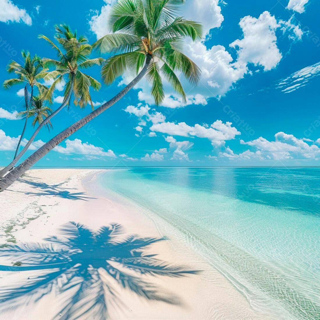 Praia tropical com coqueiros e mar azul turquesa