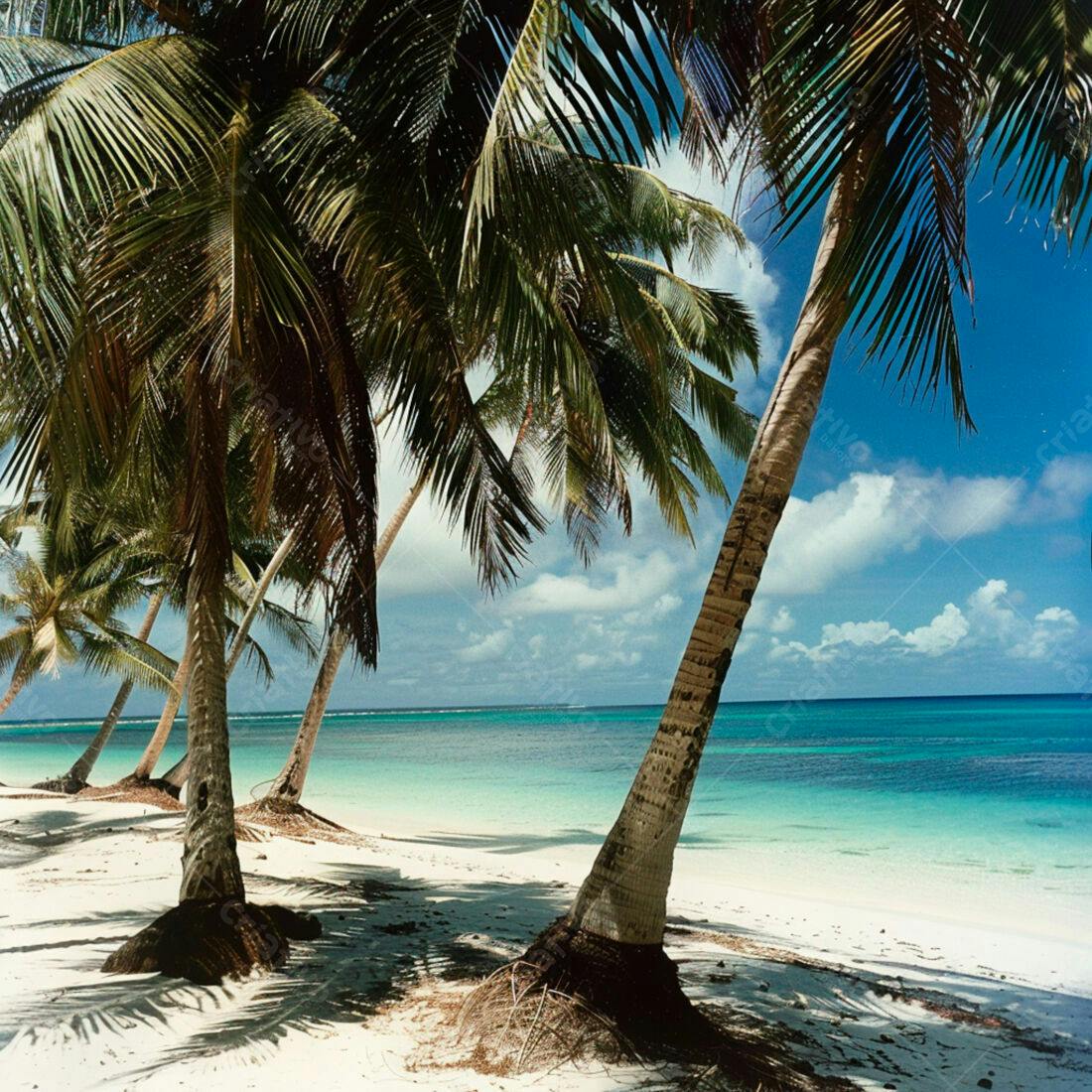 Praia tropical com coqueiros e mar azul turquesa
