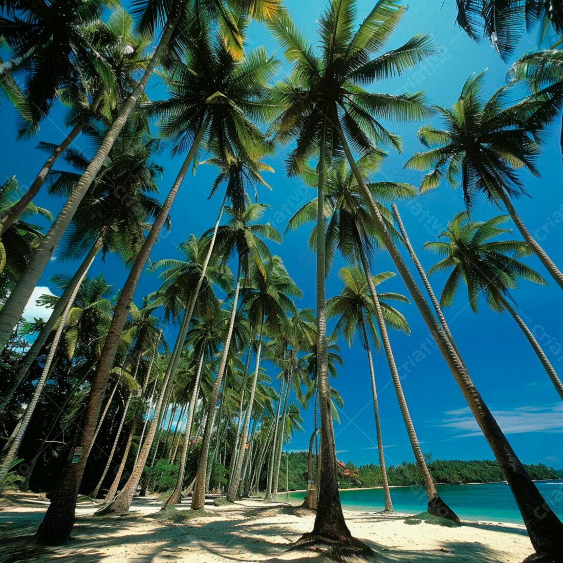 Praia tropical com coqueiros altos e céu azul