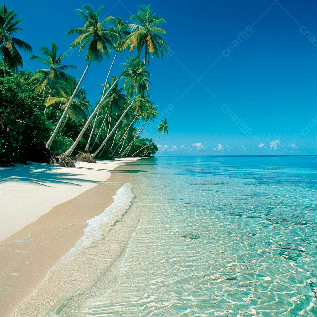 Praia paradisíaca com coqueiros e mar azul turquesa