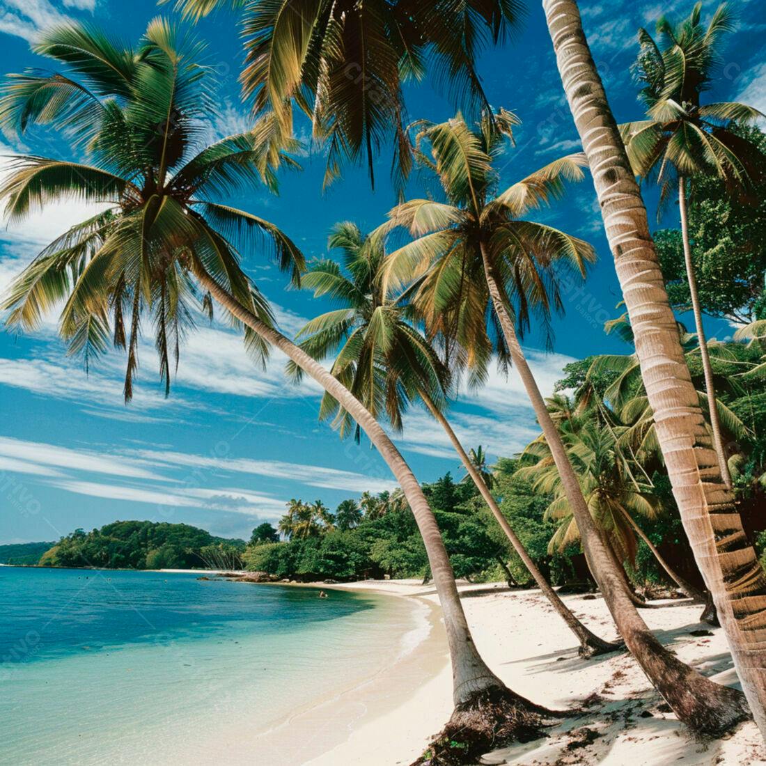 Praia paradisíaca com coqueiros e mar azul