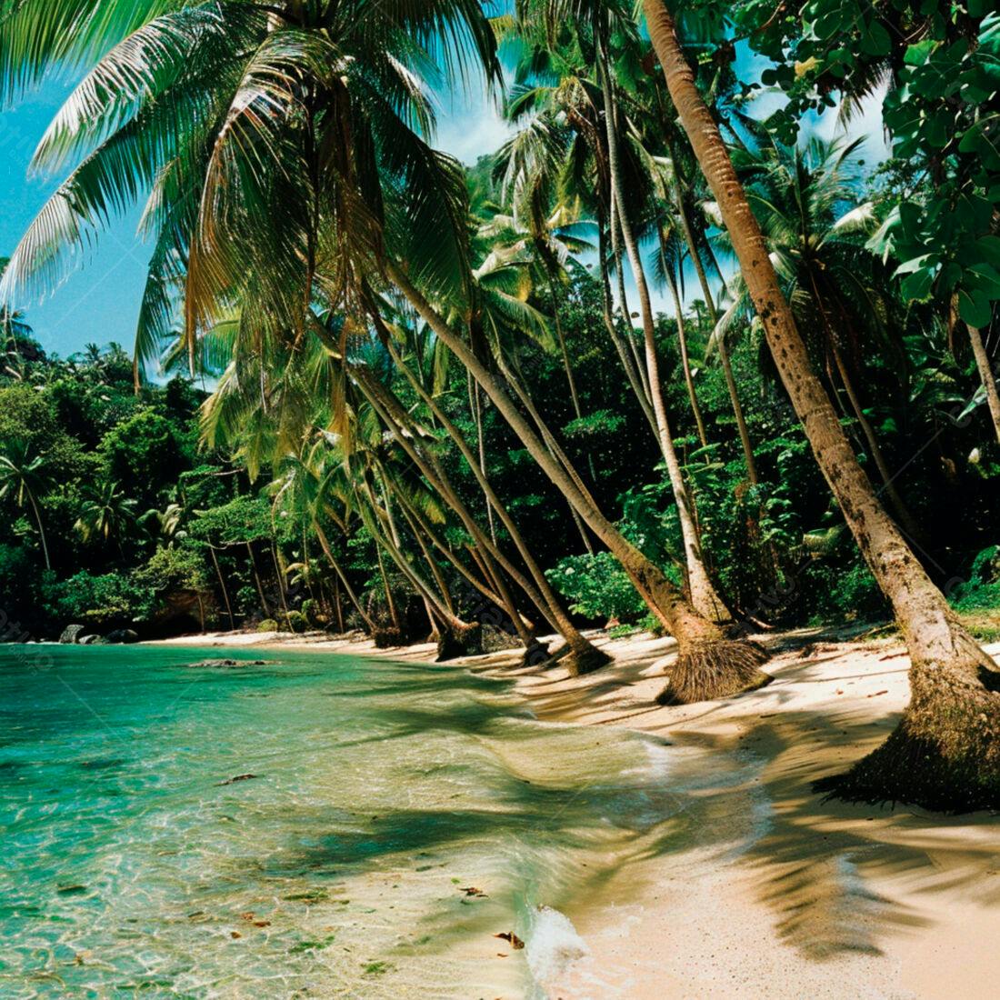 Praia paradisíaca com coqueiros e água cristalina