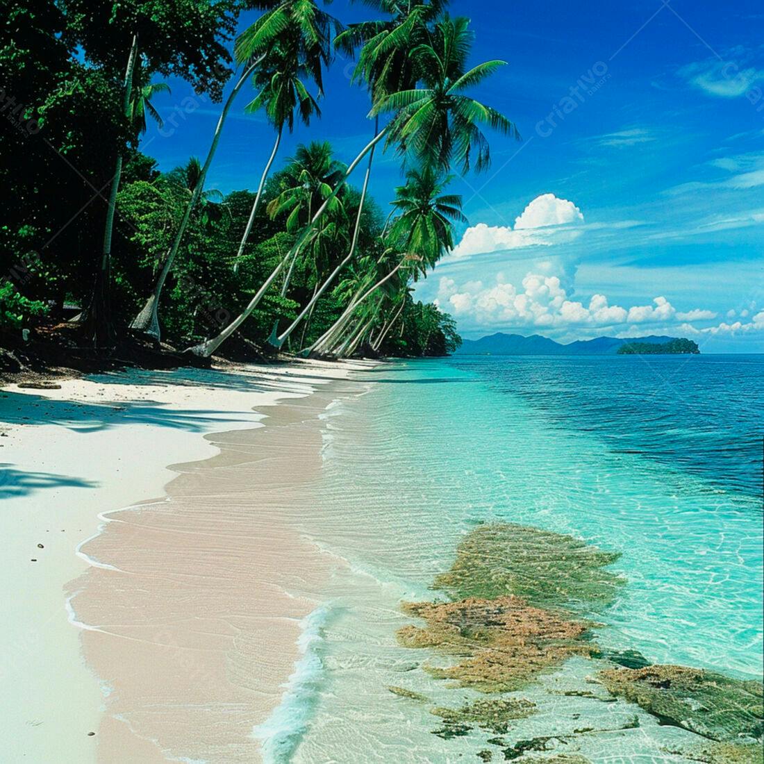 Praia paradisíaca com coqueiros e águas cristalinas