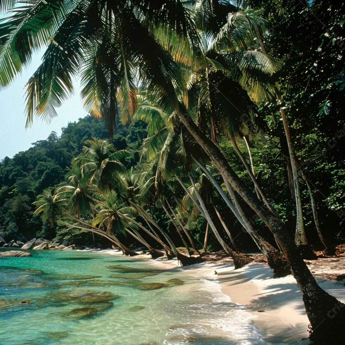 Praia tropical com coqueiros e água cristalina
