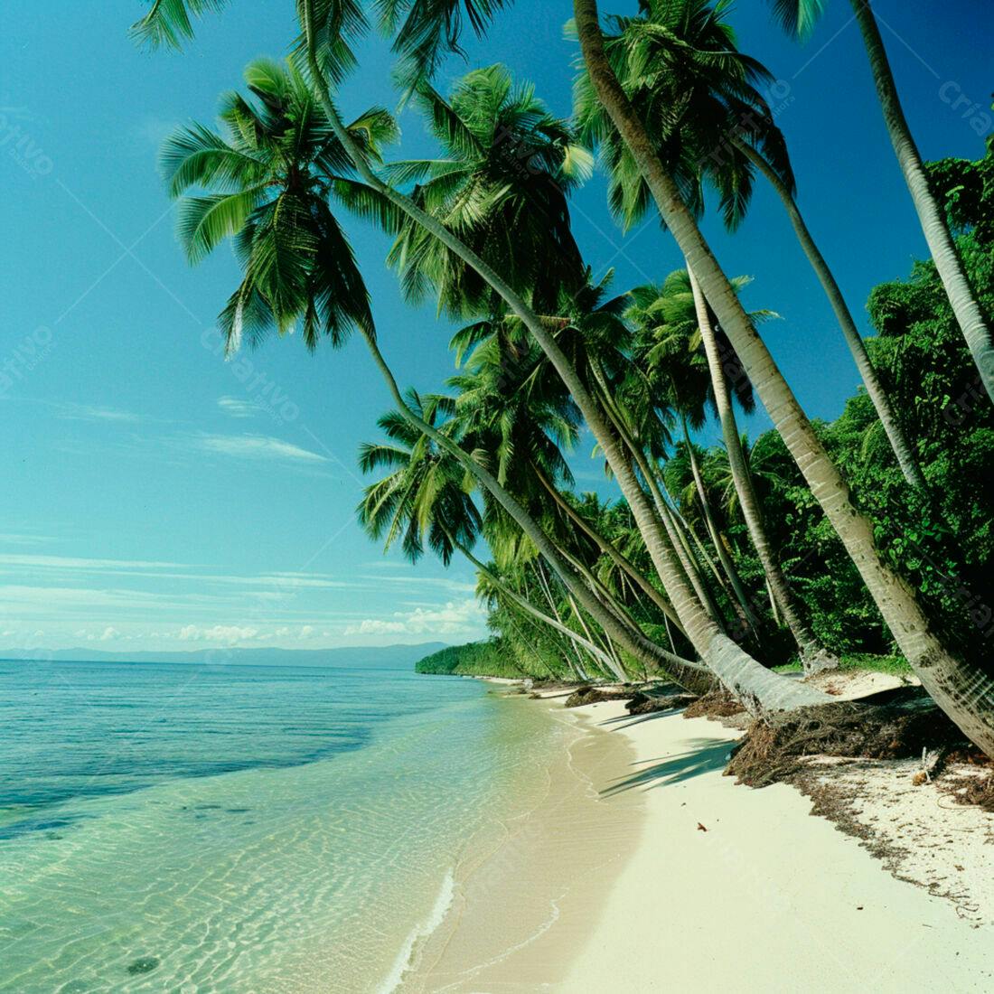 Praia tropical com coqueiros e mar azul turquesa