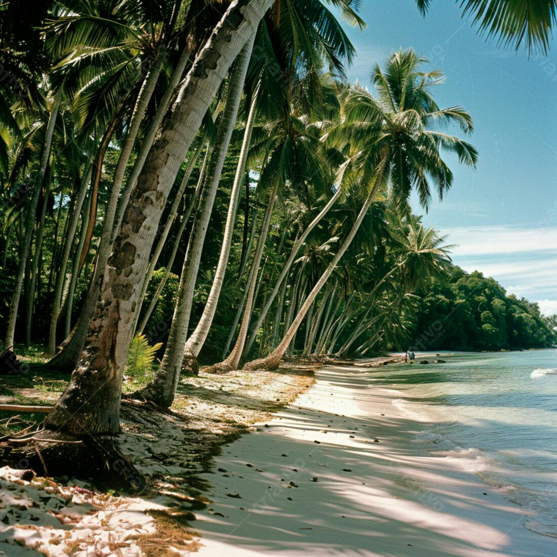 Praia paradisíaca com coqueiros e mar turquesa