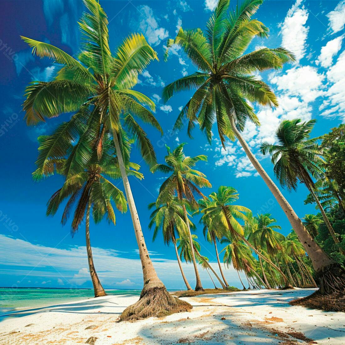 Praia paradisíaca com coqueiros e mar azul