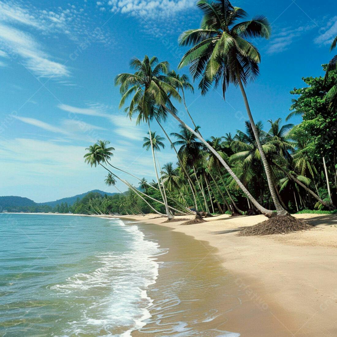 Praia tropical com coqueiros inclinados