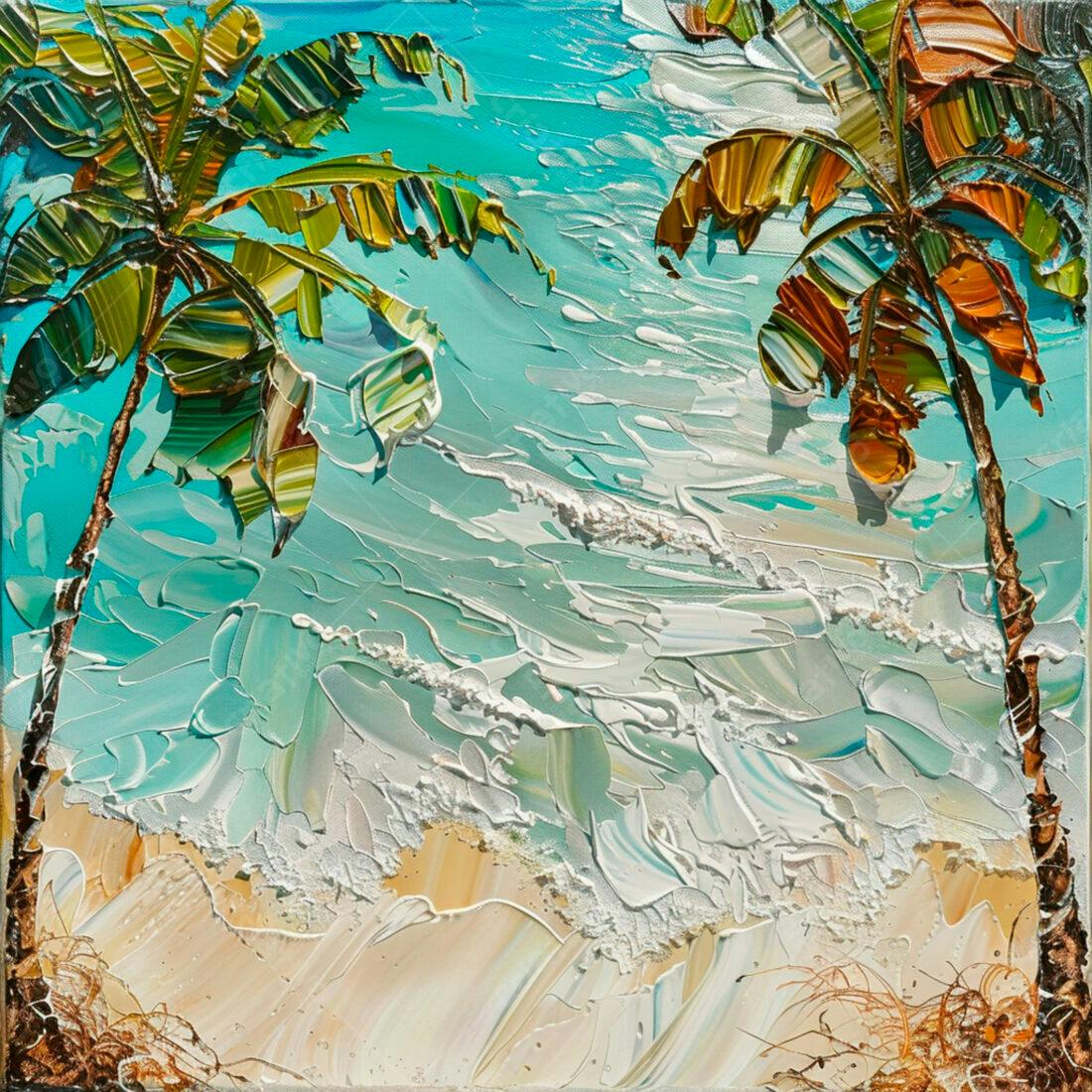 Praia tropical com coqueiros e ondas turquesa
