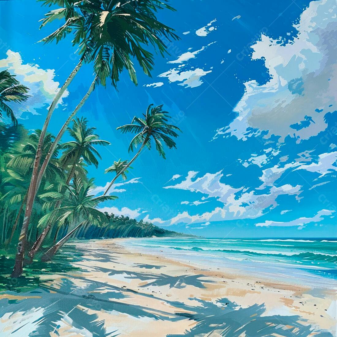 Praia tropical com coqueiros e mar azul