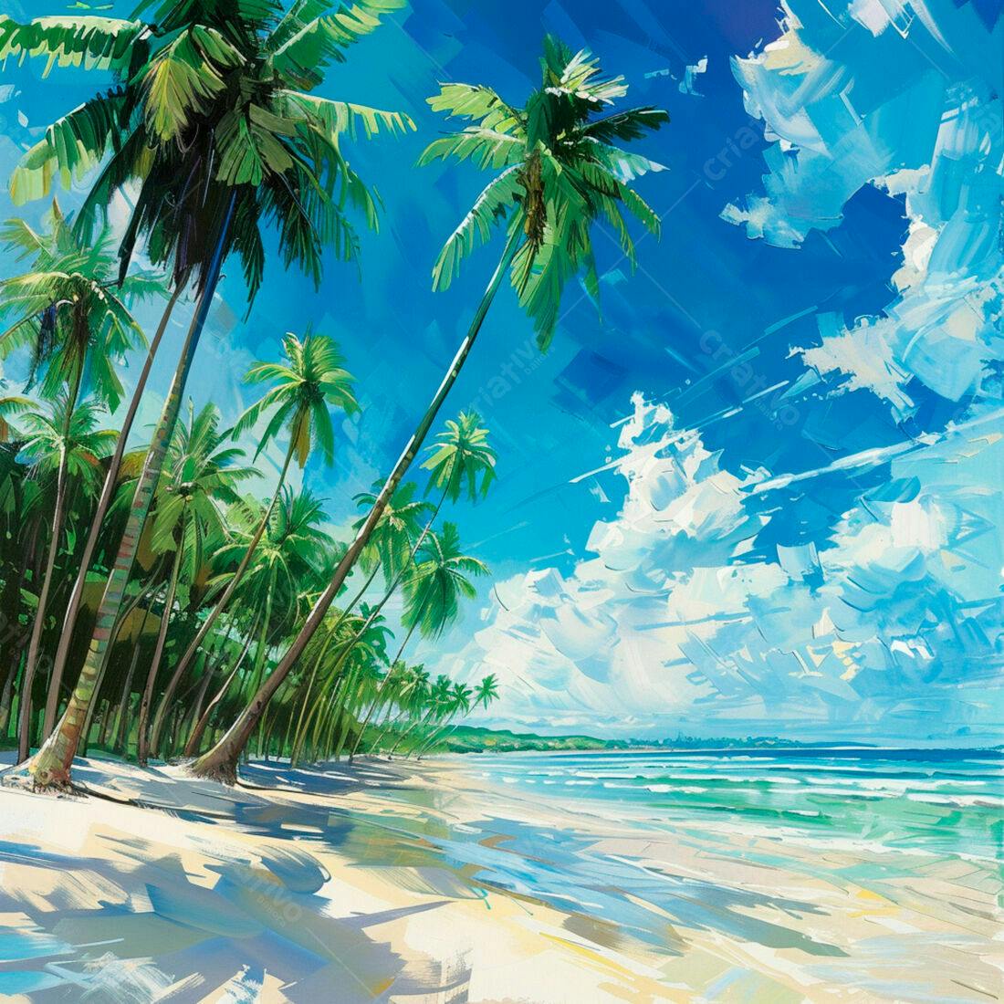 Praia tropical com coqueiros e mar azul turquesa