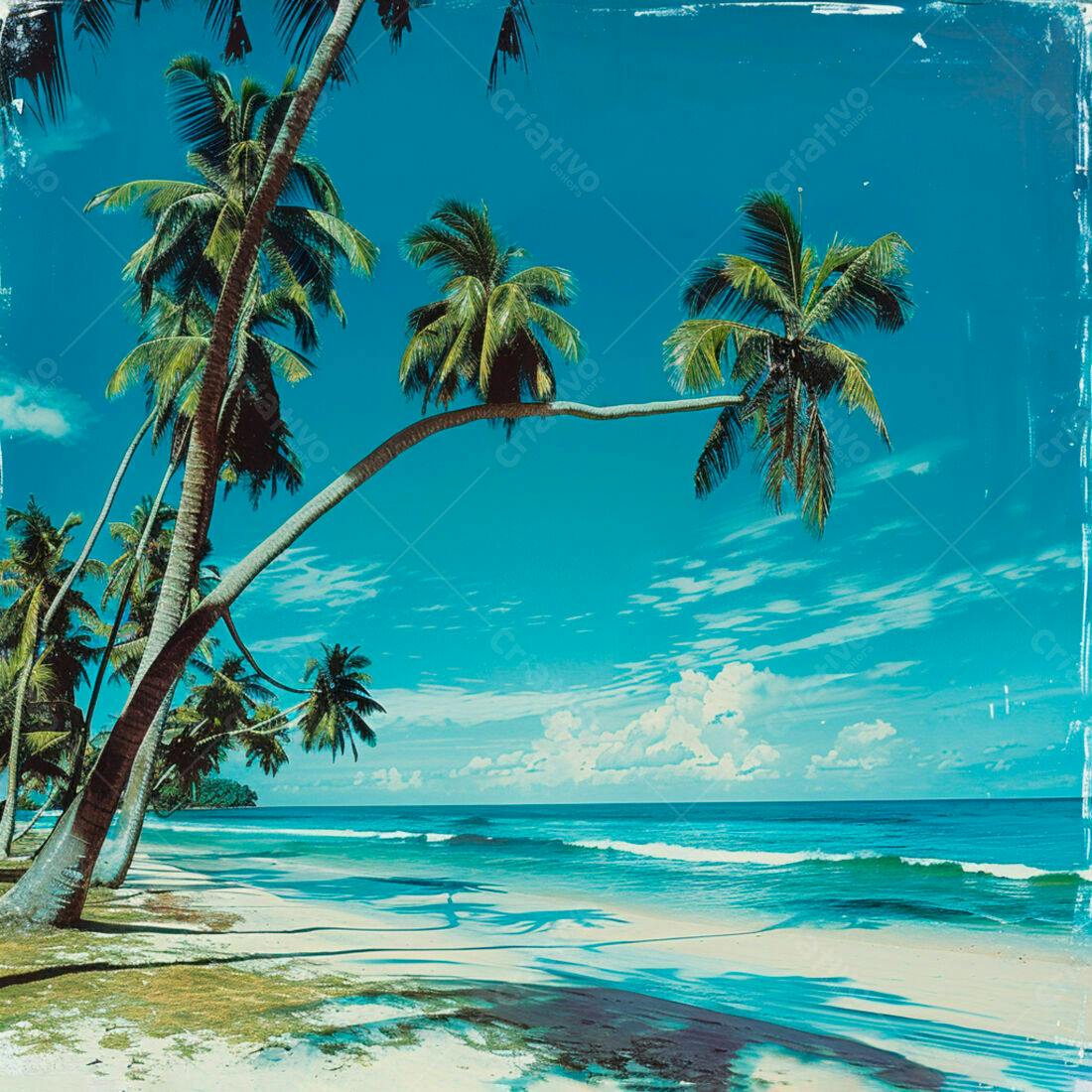Praia tropical com coqueiros e mar azul turquesa