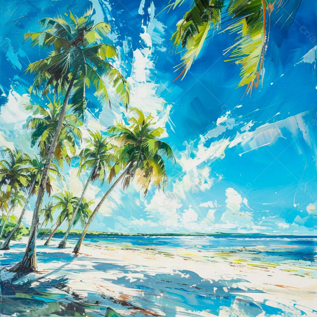 Praia tropical com coqueiros e céu azul